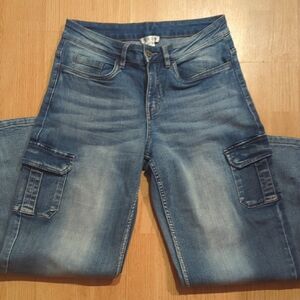 VENUS Straight Leg Blue Jeans with Cargo Pockets